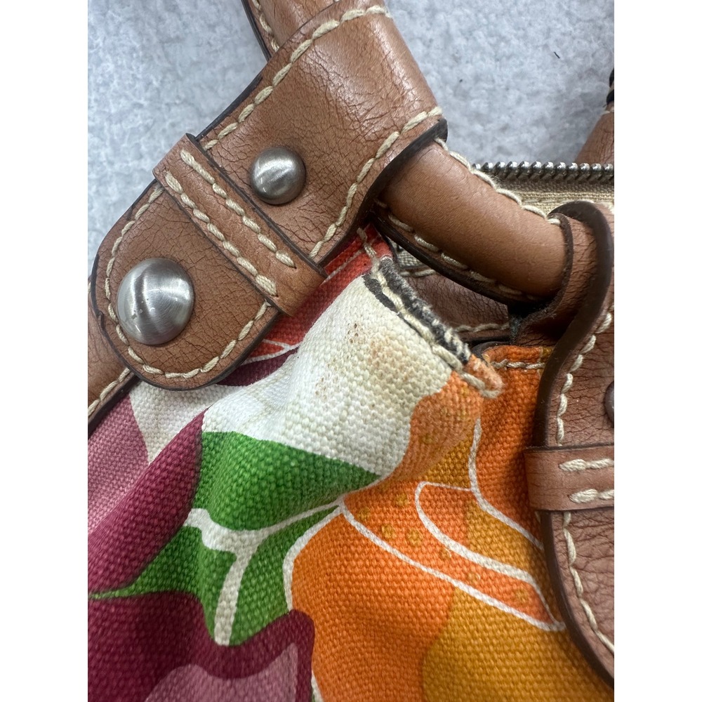 Fossil Floral Print Canvas Handbag Purse Satchel Brown Leather Trim - Picture 8 of 13